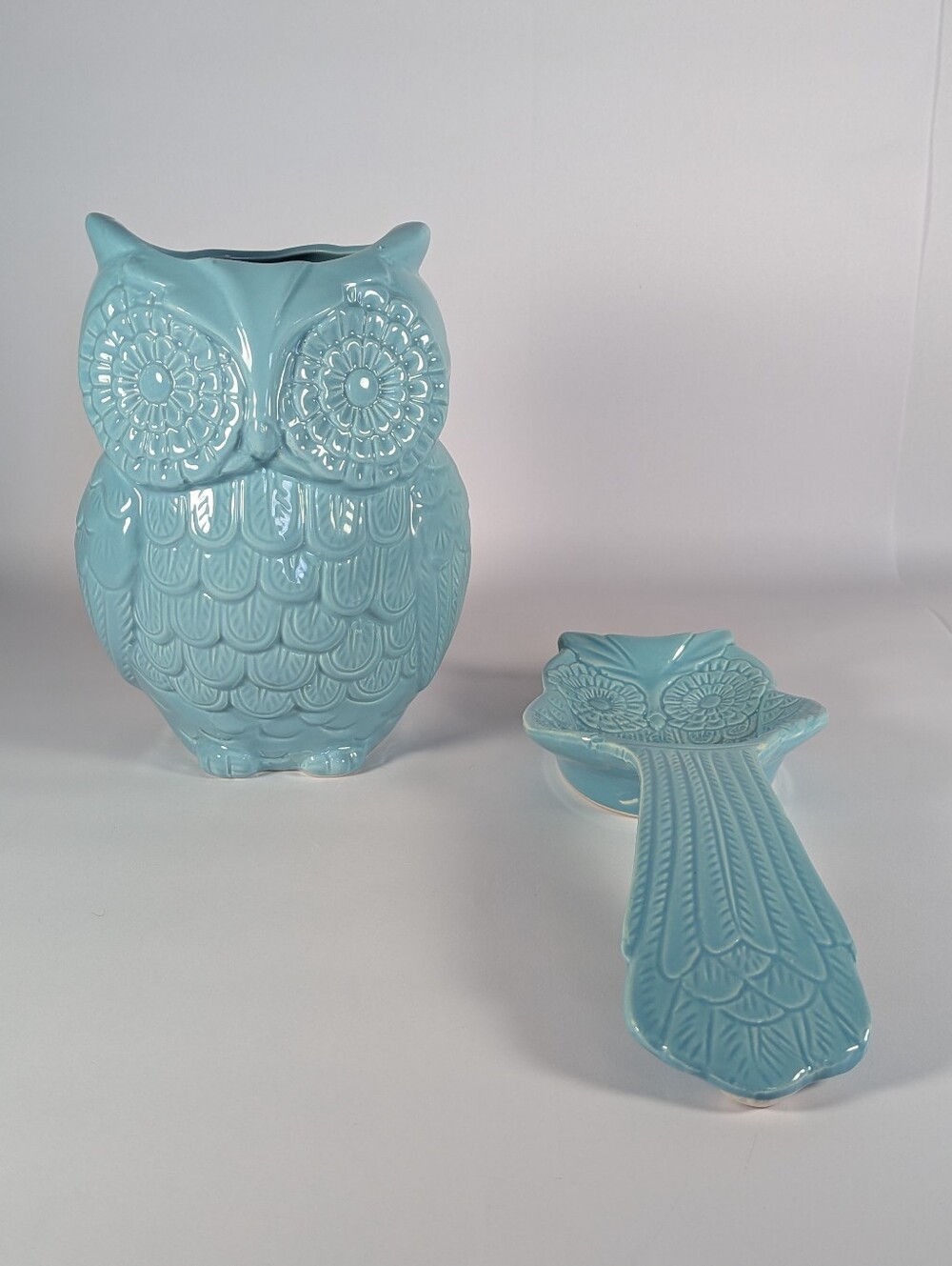 World Market Ceramic Owl Vase & Spoon Rest Set in Light Blue